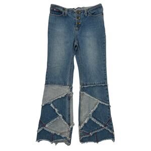VTG 90's Y2K Kids Bubblegum Patchwork Button Fly Bootcut Blue Denim Jeans 10/12
